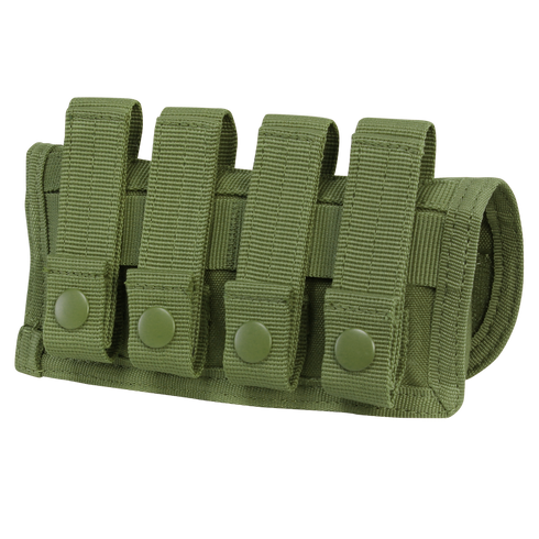 The Condor Shotgun Ammo Pouch in olive green nylon features four securing straps and snap buttons, ideal for military or first responder use, and designed to hold shotgun shells or small tools.