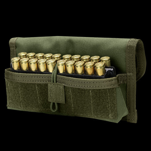 Condor Shotgun Ammo Pouch neatly holds multiple shells in organized rows, with a partially open flap displaying the ammunition inside.