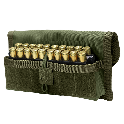 Condor Shotgun Ammo Pouch neatly holds multiple shells in organized rows, with a partially open flap displaying the ammunition inside.