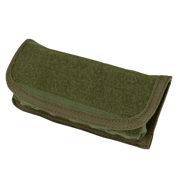 The Condor Shotgun Ammo Pouch in Olive Drab is a closed fabric pouch with a Velcro-secured flap and reinforced edge stitching.