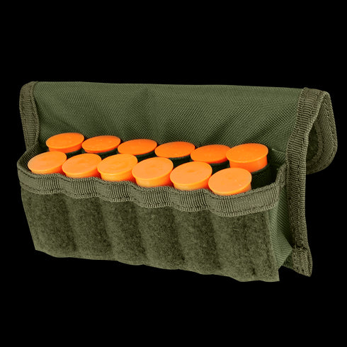 The Condor Shotgun Ammo Pouch is a green fabric pouch that holds twelve orange shotgun shells in individual slots.