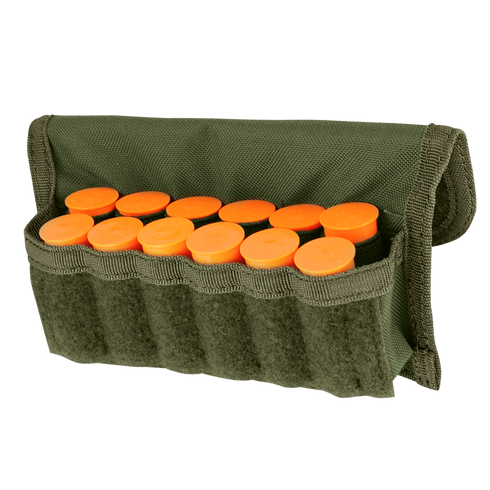 The Condor Shotgun Ammo Pouch is a green fabric pouch that holds twelve orange shotgun shells in individual slots.