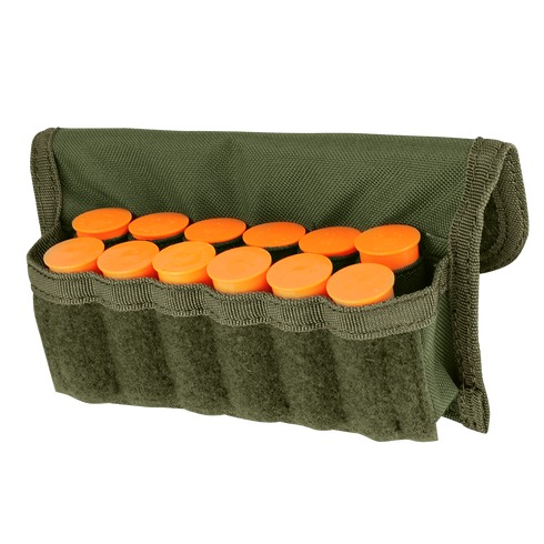 The Condor Shotgun Ammo Pouch is a green fabric pouch that holds twelve orange shotgun shells in individual slots.