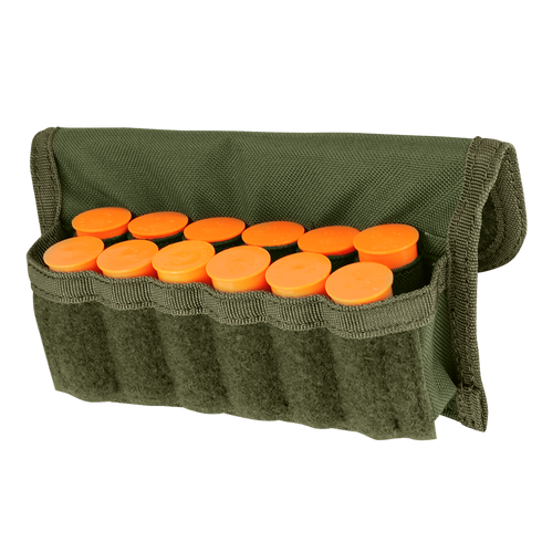 The Condor Shotgun Ammo Pouch is a green fabric pouch that holds twelve orange shotgun shells in individual slots.