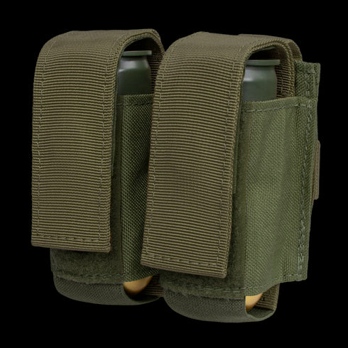 The Condor Double 40mm Grenade Pouch in Olive Drab is made of durable nylon with flap covers, designed to carry and protect two grenades.