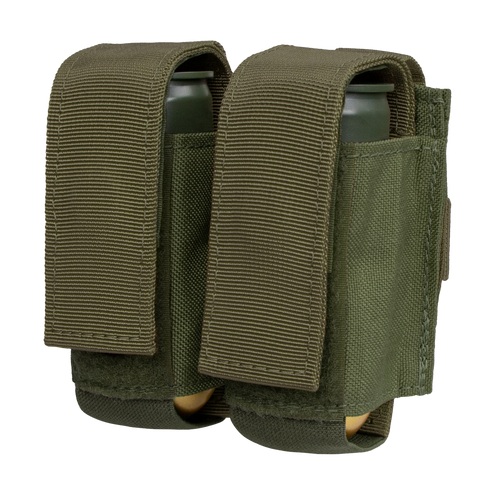 The Condor Double 40mm Grenade Pouch in Olive Drab is made of durable nylon with flap covers, designed to carry and protect two grenades.