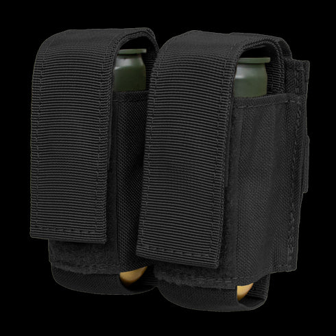 The Condor Double 40mm Grenade Pouch, shown side by side in black nylon with flap covers each holding a green cylindrical grenade, is displayed on a white background.