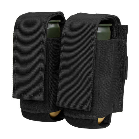 The Condor Double 40mm Grenade Pouch, shown side by side in black nylon with flap covers each holding a green cylindrical grenade, is displayed on a white background.