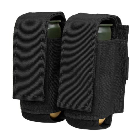 The Condor Double 40mm Grenade Pouch, shown side by side in black nylon with flap covers each holding a green cylindrical grenade, is displayed on a white background.