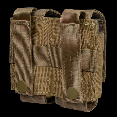 The Condor Double 40mm Grenade Pouch is a brown tactical pouch with two snap-button straps and webbing, designed for secure attachment to your belt or gear.