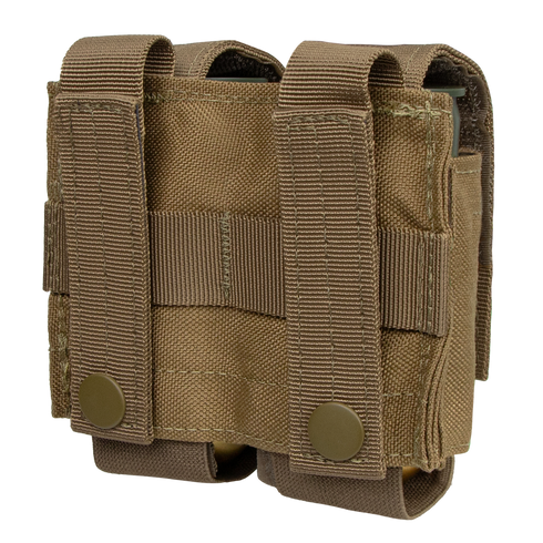 The Condor Double 40mm Grenade Pouch is a brown tactical pouch with two snap-button straps and webbing, designed for secure attachment to your belt or gear.