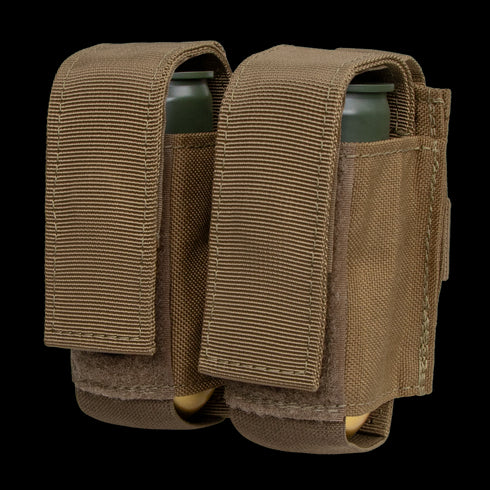 The Condor Double 40mm Grenade Pouch securely holds two cylindrical canisters with flap closures for tactical use.