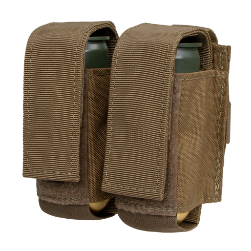 The Condor Double 40mm Grenade Pouch securely holds two cylindrical canisters with flap closures for tactical use.