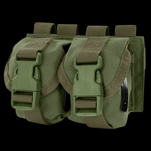 The Condor Double Frag Grenade Pouch features two olive green compartments with plastic buckle closures and MOLLE straps, perfect for bushcraft or law enforcement, displayed side by side on a white background.