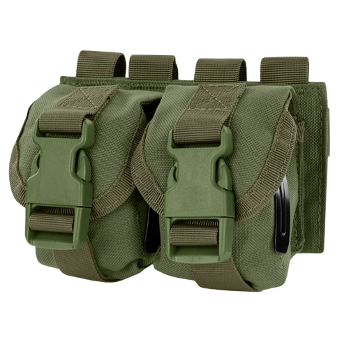 The Condor Double Frag Grenade Pouch features two olive green compartments with plastic buckle closures and MOLLE straps, perfect for bushcraft or law enforcement, displayed side by side on a white background.