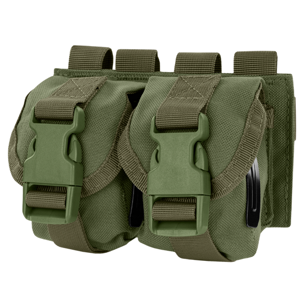The Condor Double Frag Grenade Pouch features two olive green compartments with plastic buckle closures and MOLLE straps, perfect for bushcraft or law enforcement, displayed side by side on a white background.