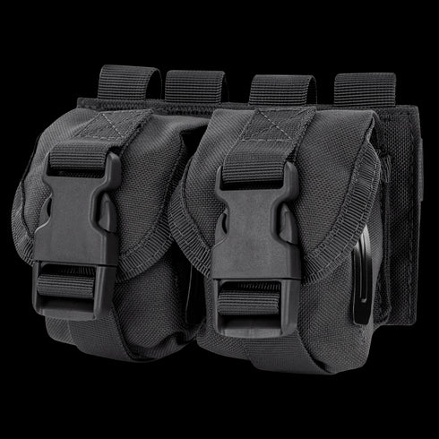 The Condor Double Frag Grenade Pouch features two black nylon pouches with buckle closures and belt loops, ideal for bushcraft or shooting range essentials, displayed side by side against a white background.
