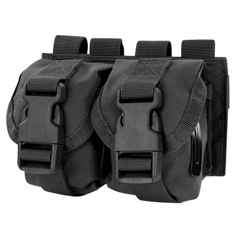 The Condor Double Frag Grenade Pouch features two black nylon pouches with buckle closures and belt loops, ideal for bushcraft or shooting range essentials, displayed side by side against a white background.