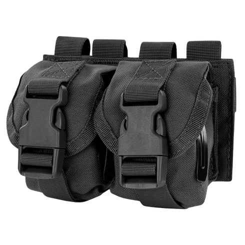 The Condor Double Frag Grenade Pouch features two black nylon pouches with buckle closures and belt loops, ideal for bushcraft or shooting range essentials, displayed side by side against a white background.