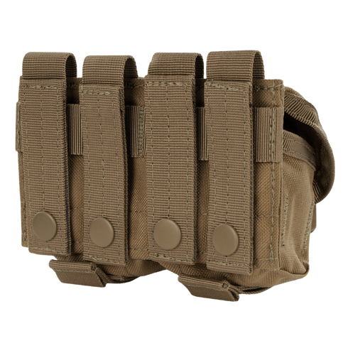 A tan Condor Double Frag Grenade Pouch made of durable fabric features two snap button flaps and MOLLE attachment straps on the back.