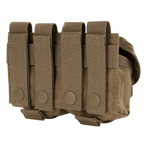 The Condor Double Frag Grenade Pouch is a tan, durable tactical pouch with three snap-closure compartments—perfect for carrying small gear or magazines at the range or for law enforcement use.