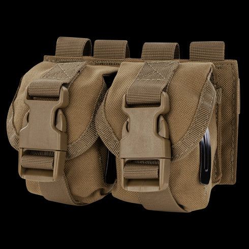 The Condor Double Frag Grenade Pouch features two tan pouches with buckle closures and straps, ideal for securely carrying small gear or accessories during bushcraft trips or at the shooting range.