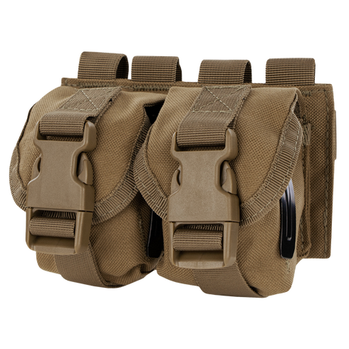 The Condor Double Frag Grenade Pouch features two tan pouches with buckle closures and straps, ideal for securely carrying small gear or accessories during bushcraft trips or at the shooting range.