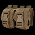 The Condor Double Frag Grenade Pouch features two tan pouches with buckle closures and straps, ideal for securely carrying small gear or accessories during bushcraft trips or at the shooting range.