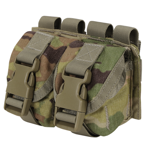 The Condor Double Frag Grenade Pouch in Scorpion OCP features a camouflage design, twin compartments with plastic buckle closures, and MOLLE straps on the back, ideal for tactical or military applications.
