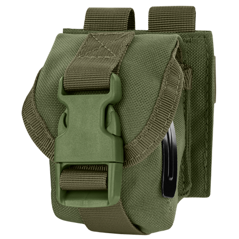 The Condor Single Frag Grenade Pouch features rugged fabric, a front buckle closure, webbing loops, and a side black clip—ideal for bushcraft or EDC use.