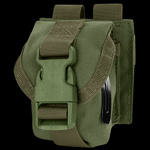 The Condor Single Frag Grenade Pouch features rugged fabric, a front buckle closure, webbing loops, and a side black clip—ideal for bushcraft or EDC use.