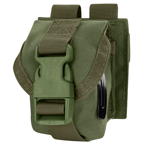 The Condor Single Frag Grenade Pouch features rugged fabric, a front buckle closure, webbing loops, and a side black clip—ideal for bushcraft or EDC use.