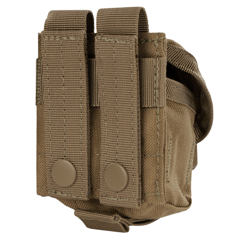 The Condor Single Frag Grenade Pouch in Scorpion OCP features two snap-secured vertical straps and rugged fabric, perfect for belt or backpack attachment—ideal for EDC or bushcraft enthusiasts.