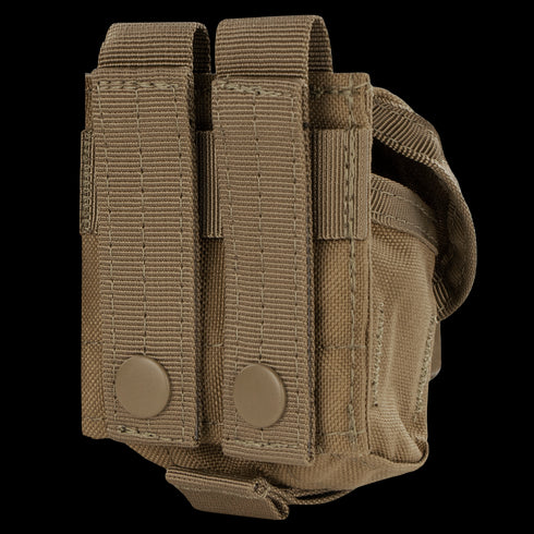 The Condor Single Frag Grenade Pouch in tan features two vertical straps with snap buttons for secure attachment to gear or a belt, making it ideal for everyday carry or bushcraft needs.