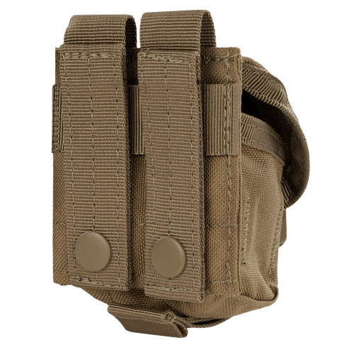 The Condor Single Frag Grenade Pouch in tan features two vertical straps with snap buttons for secure attachment to gear or a belt, making it ideal for everyday carry or bushcraft needs.