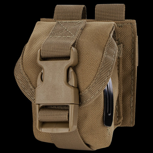 The Condor Single Frag Grenade Pouch is a tan tactical pouch with durable fabric, a large plastic buckle, flap closure, and back attachment straps—ideal for military or law enforcement use.