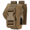 The Condor Single Frag Grenade Pouch is a tan tactical pouch with durable fabric, a large plastic buckle, flap closure, and back attachment straps—ideal for military or law enforcement use.