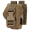 The Condor Single Frag Grenade Pouch is a tan tactical pouch with durable fabric, a large plastic buckle, flap closure, and back attachment straps—ideal for military or law enforcement use.