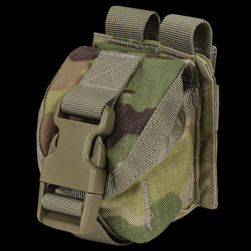 The Condor Single Frag Grenade Pouch in Scorpion OCP features a plastic buckle closure and webbing straps on the back.