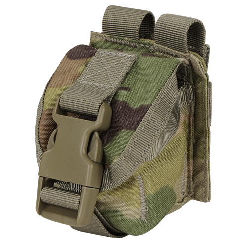 The Condor Single Frag Grenade Pouch in Scorpion OCP features a plastic buckle closure and webbing straps on the back.