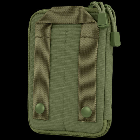 The Condor Pocket Pouch in olive green features two vertical straps with snap buttons on the back, allowing easy attachment to a belt or backpack.