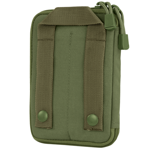 The Condor Pocket Pouch in olive green features two vertical straps with snap buttons on the back, allowing easy attachment to a belt or backpack.