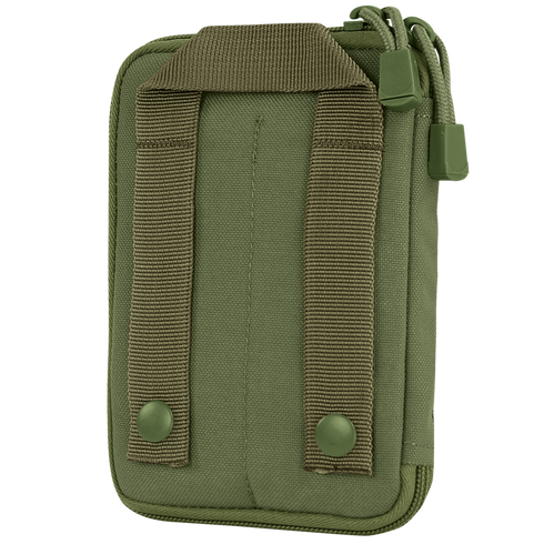 The Condor Pocket Pouch is an olive green tactical pouch with two vertical straps and snap buttons on the back, plus dual zipper pulls at the top.