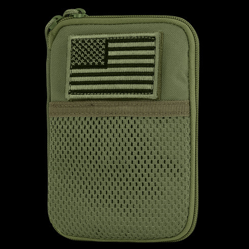 The Condor Pocket Pouch in Olive Drab features a compact design with a mesh front pocket and a U.S. flag patch on the upper front section.