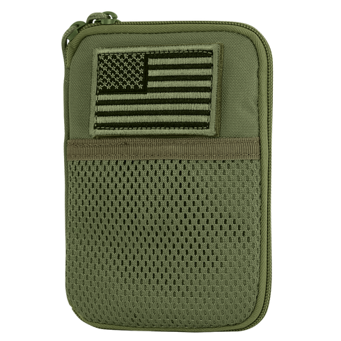 The Condor Pocket Pouch in Olive Drab features a compact design with a mesh front pocket and a U.S. flag patch on the upper front section.