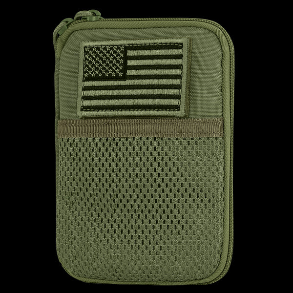 The Condor Pocket Pouch in Olive Drab features a compact design with a mesh front pocket and a U.S. flag patch on the upper front section.
