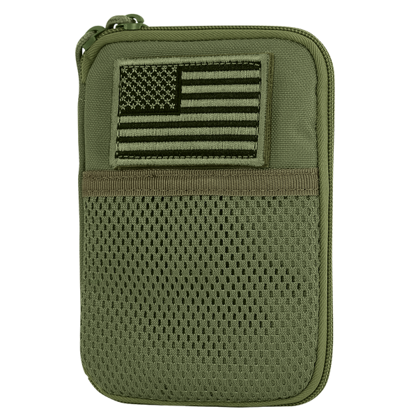 The Condor Pocket Pouch in Olive Drab features a compact design with a mesh front pocket and a U.S. flag patch on the upper front section.