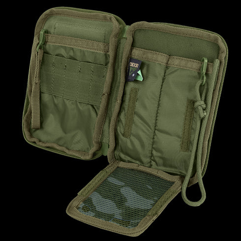 The Condor Pocket Pouch is an open olive green tactical pouch featuring multiple compartments, elastic loops, a mesh pocket, and a zipper closure.