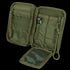 The Condor Pocket Pouch is an open olive green tactical pouch featuring multiple compartments, elastic loops, a mesh pocket, and a zipper closure.