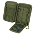 The Condor Pocket Pouch is an open olive green tactical pouch featuring multiple compartments, elastic loops, a mesh pocket, and a zipper closure.